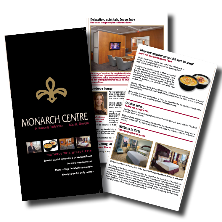 6-panel newsletter for Monarch Centre, Buckhead.